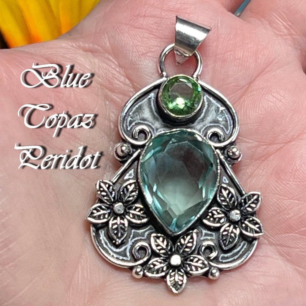 Blue Topaz Peridot Pendant Gemstone Handmade Statement 925 Silver Boho Ethnic - Picture 3 of 8